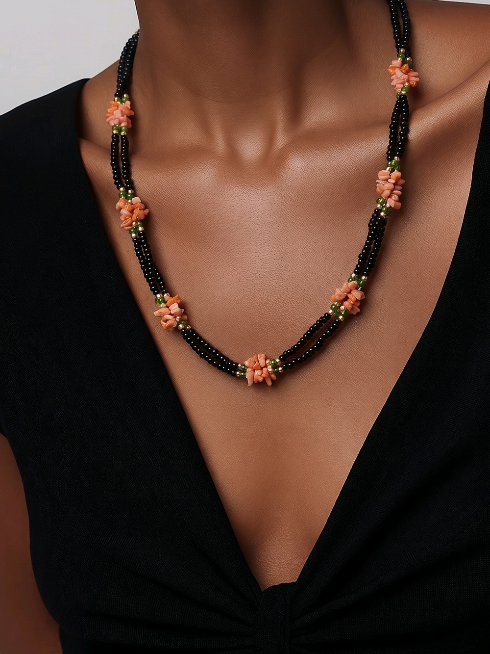 Beaded Black and Coral Floral Necklace